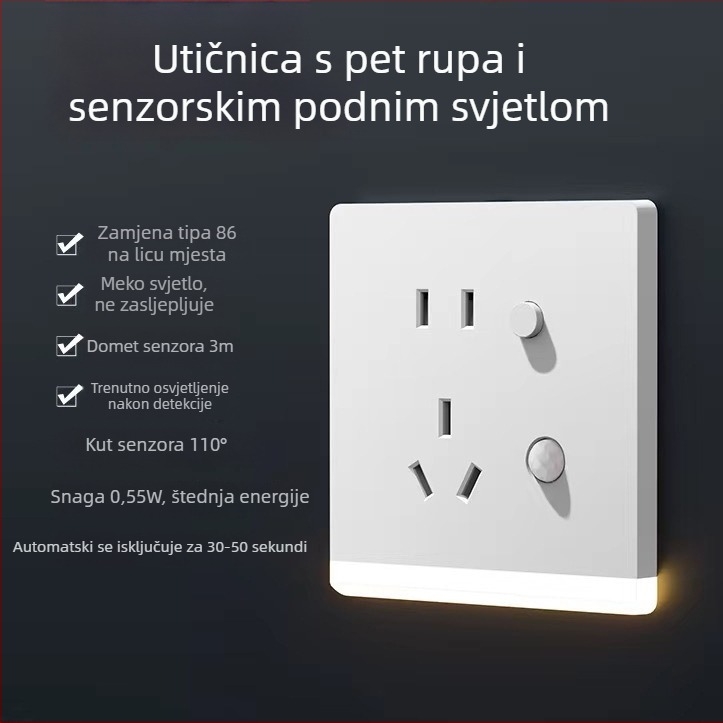 Tip 86 – ugrađena hodniku LED noćna lampica sa senzorom pokreta i pet-pinskom utičnicom