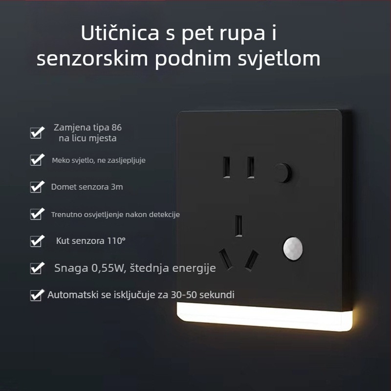 Tip 86 – ugrađena hodniku LED noćna lampica sa senzorom pokreta i pet-pinskom utičnicom