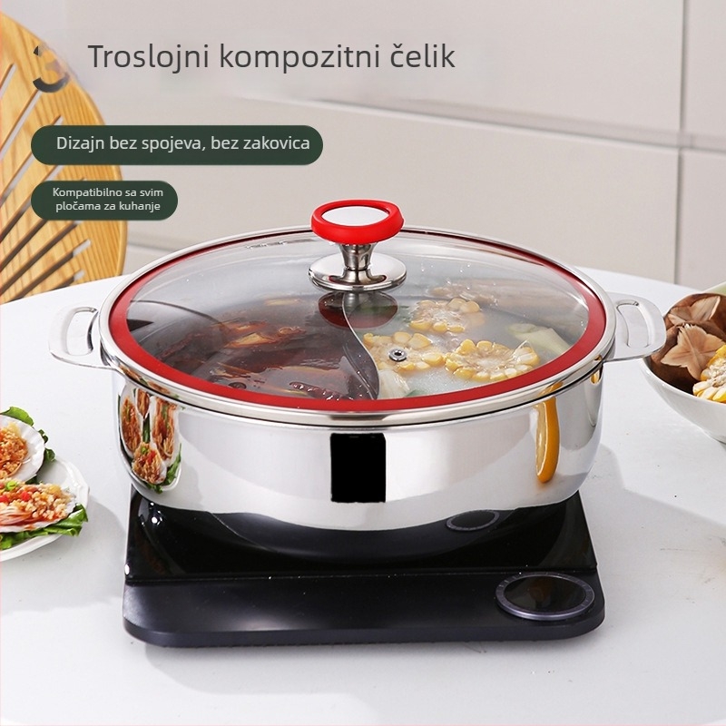 Hongjunda 304 nehrđajući čelik, lonac za kuhanje za kućnu upotrebu, debeli juheni lonac, višenamjenski lonac, lonac za bistru juhu s Yin-Yang dijelnikom, kapacitet 4.1-6 L