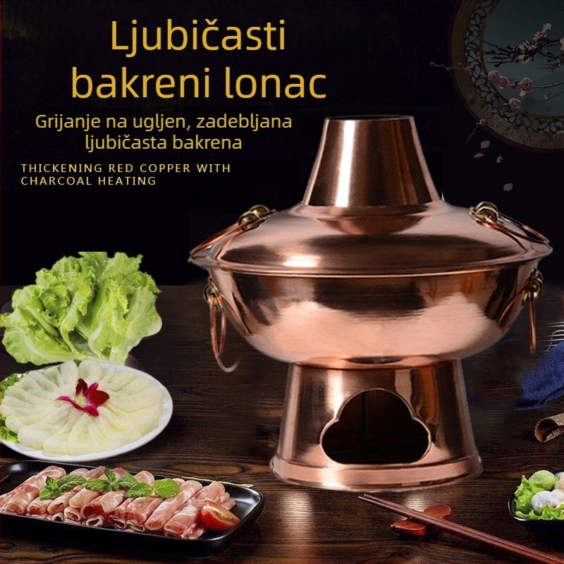 Purpurni bakreni lonac za kuhanje na drveni ugljen, ručno izrađen, debelo dno, za bistru juhu, višestruka namjena za dom i restoran