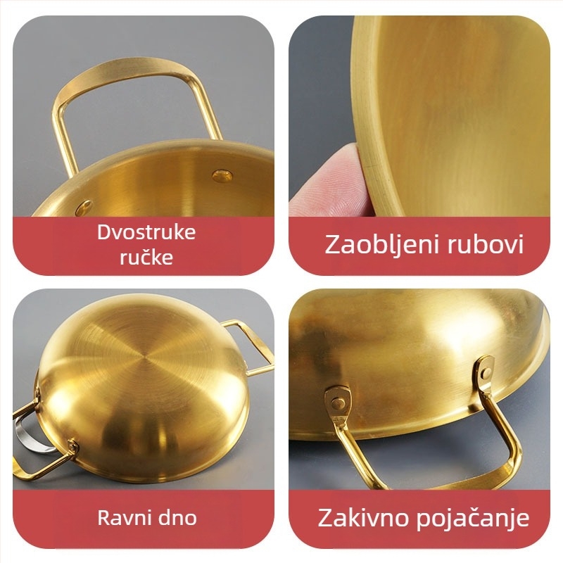 Korejski stil morski plodovi suhi lonac od nehrđajućeg čelika – jednoporciona mini posuda s zlatnim plosnatim dnom i dvostrukim držačima