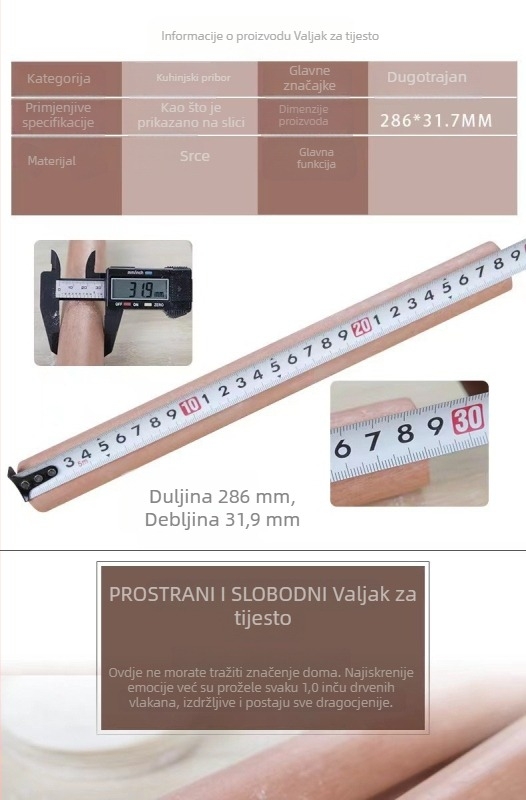 Drveni valjak za tijesto od bukovog drveta