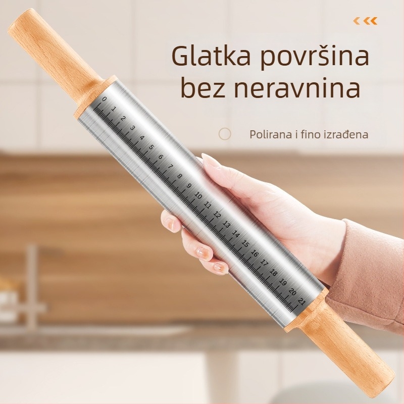 Valjak za tijesto od 304 nerđajućeg čelika s drškom od bukovine i mjernom skalom – kuhinjski valjak