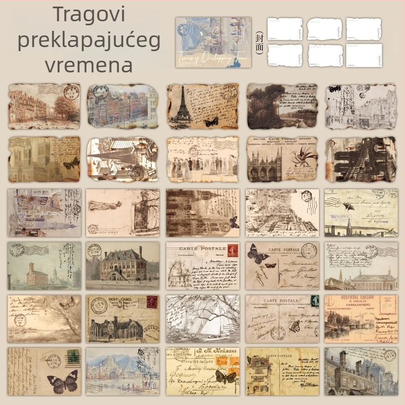Poštanska kartica s retro arhitekturom i elementima vremena u kolažu, engleska čestitka, motivi starog novinskog papira za dnevnik i dekoraciju