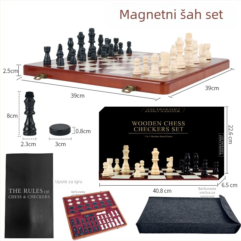 Magnetska sklopiva velika drvena šahovnica - set