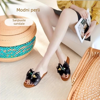 2024 ljetne mrežaste sandale s mašnicom, perlama i kristalima, korejskog stila, ženske slip-on sandale s mekanom potplatom, za plažu