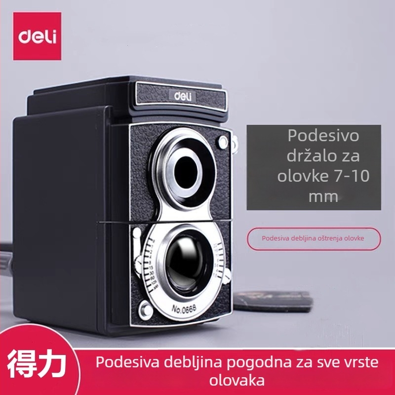 Deli 0668 oštrač olovaka s dvostrukim otvorom i retro dizajnom fotoaparata, ručni mehanizam, za učenike