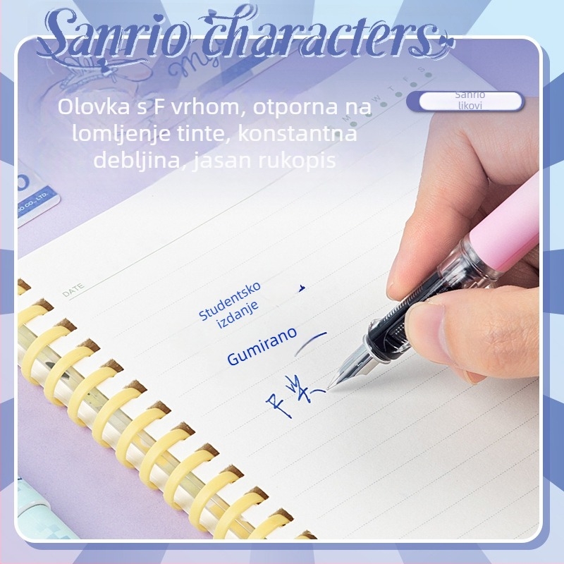 Guangbo Sanrio Blind Box fountain pen s F-nibom, plava tinta, spremnik tinte, 12-komadno pakiranje, uključuje knjižnu oznaku