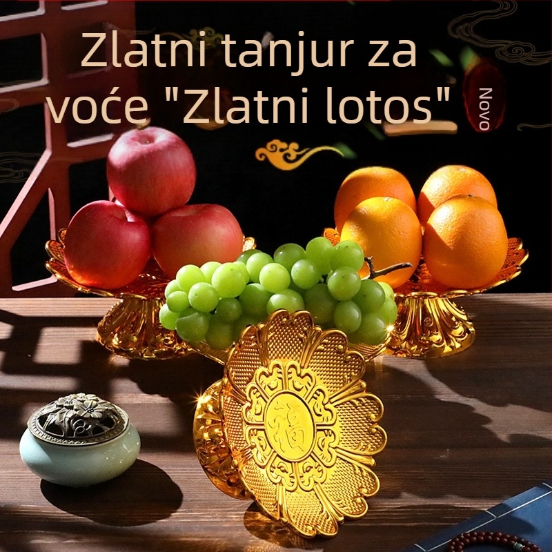 Zlatni lotosov tanjur za voće s Fu znakom, plastični tanjur za kućnu upotrebu