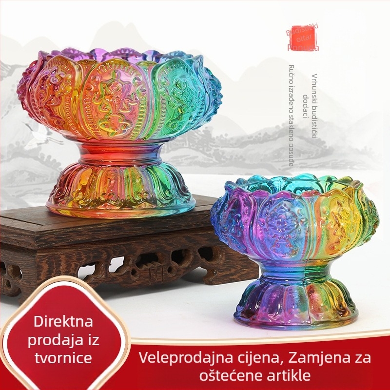 Držač Budine maslene lampe sa šarenom glazurom i osam sretnih motiva, otporan na visoke temperature, svijećnjak za hram ili dom