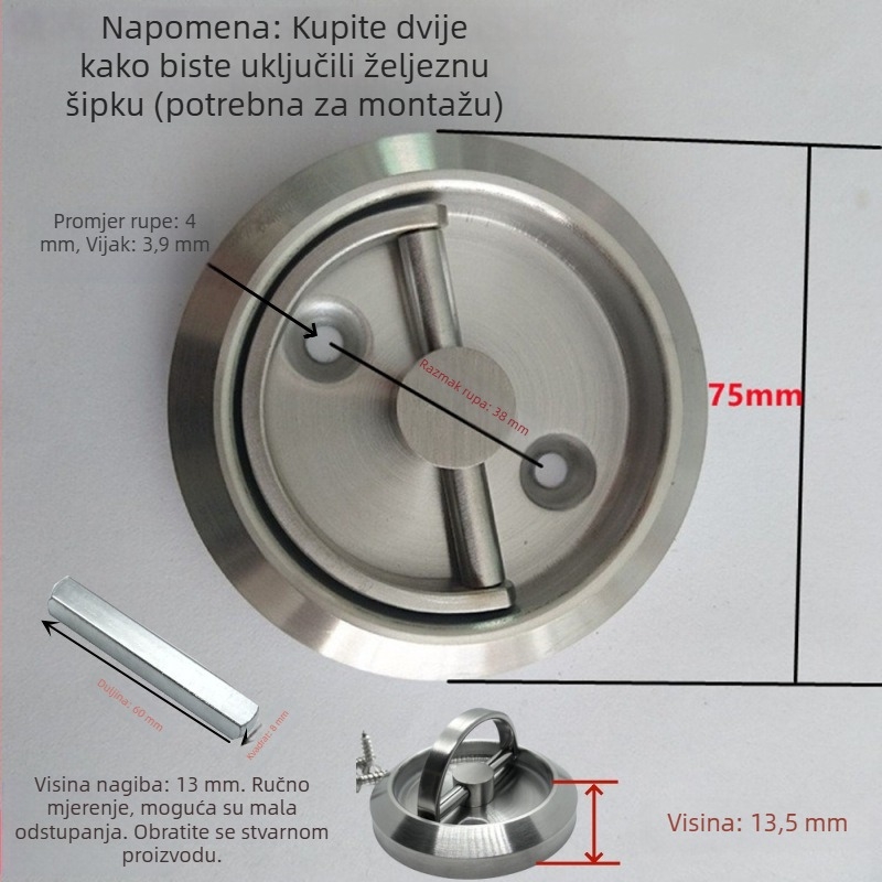 Ručka od 304 nehrđajućeg čelika sa skrivenom ugradnjom, okrugla ručka, bez bušenja, za skrivene vrata i zidove