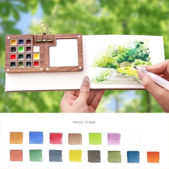 Putni akvarel od orahovog drveta — čvrste akvarel boje u kutiji s kompletnim alatom za slikanje