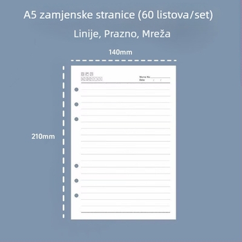 A5 6‑rupa dopunjavajuće unutarnje stranice, linirane, debele papir bilježnice, 60 listova