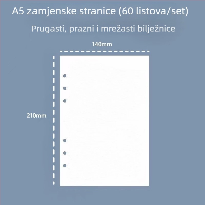 A5 6‑rupa dopunjavajuće unutarnje stranice, linirane, debele papir bilježnice, 60 listova