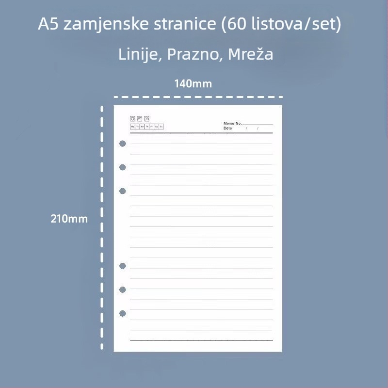 A5 6‑rupa dopunjavajuće unutarnje stranice, linirane, debele papir bilježnice, 60 listova