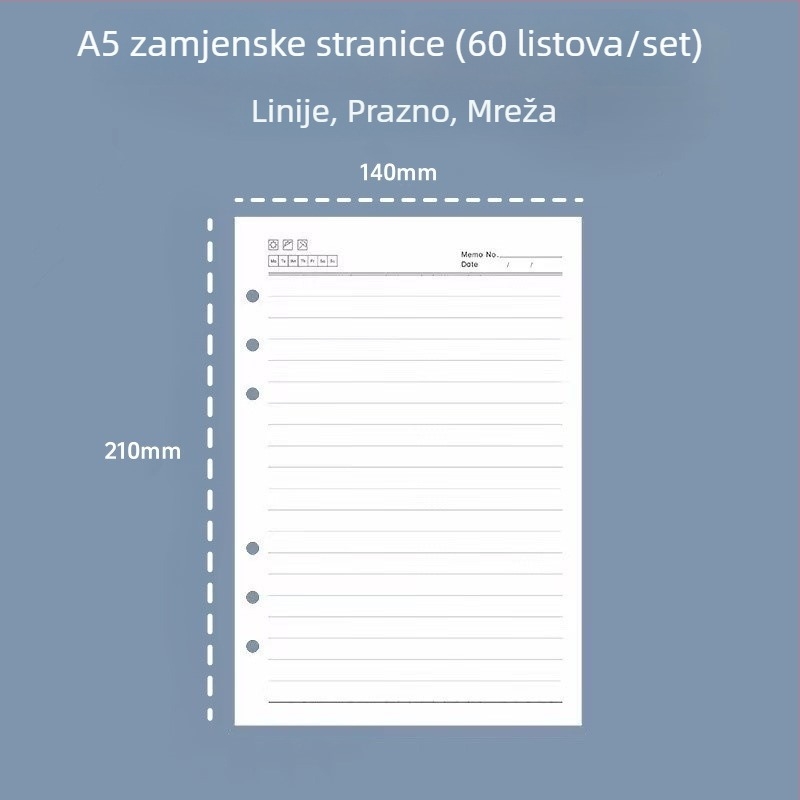 A5 6‑rupa dopunjavajuće unutarnje stranice, linirane, debele papir bilježnice, 60 listova