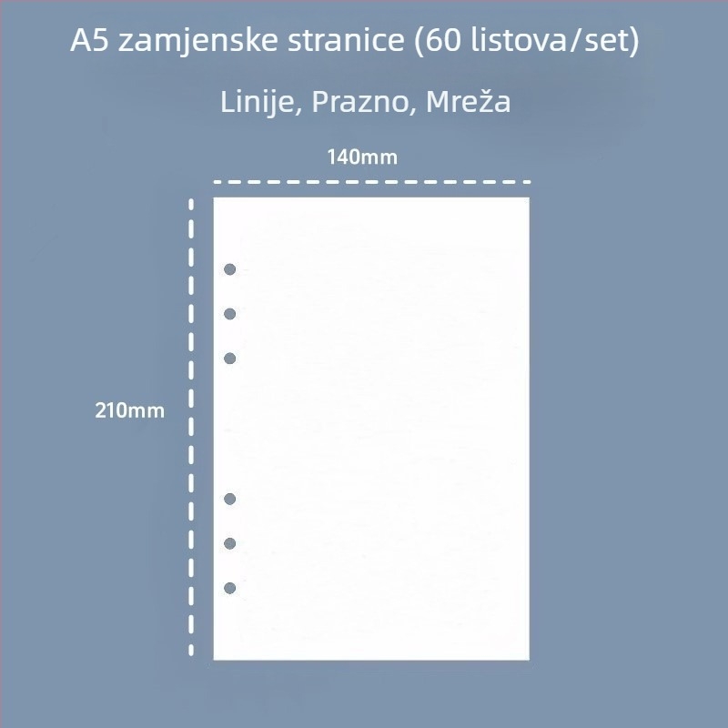 A5 6‑rupa dopunjavajuće unutarnje stranice, linirane, debele papir bilježnice, 60 listova