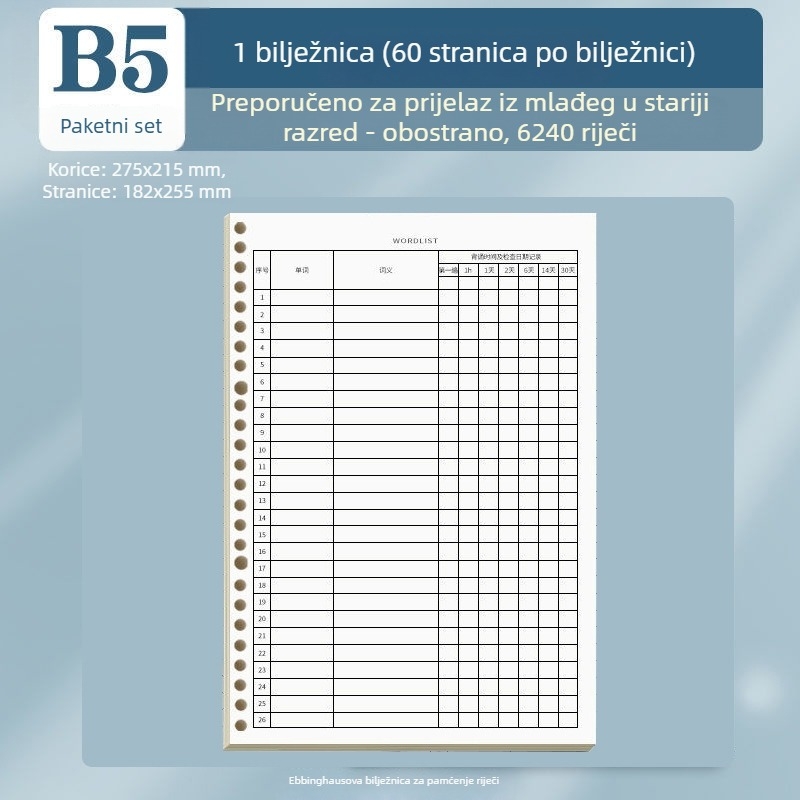 B5 bilježnica za pamćenje riječi uz Ebbinghausovu metodu, zamjenjivo jezgro, bilježnica s listovima