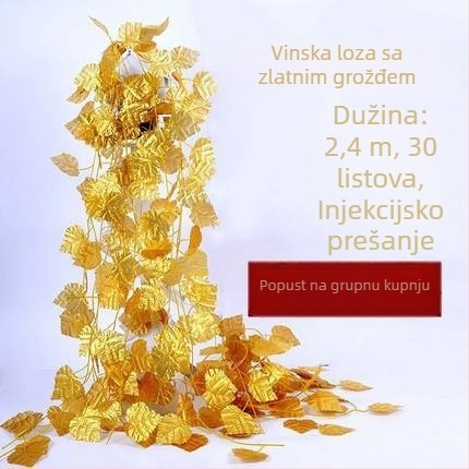 Zlatne loze s svilenim cvjetovima, umjetni cvjetovi, zlatno grožđe i jabuke, listovi lotosa