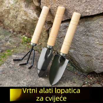 Trodijelni set alata za kućnu vrtlarstvo: mala lopata, željezna lopata i željezna špachtla za posude, zelene biljke i sukulente