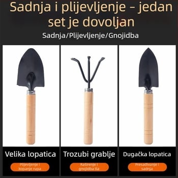 Trodijelni set alata za kućnu vrtlarstvo: mala lopata, željezna lopata i željezna špachtla za posude, zelene biljke i sukulente