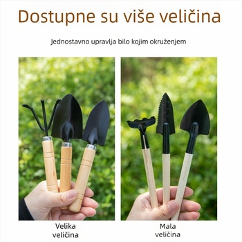 Trodijelni set alata za kućnu vrtlarstvo: mala lopata, željezna lopata i željezna špachtla za posude, zelene biljke i sukulente
