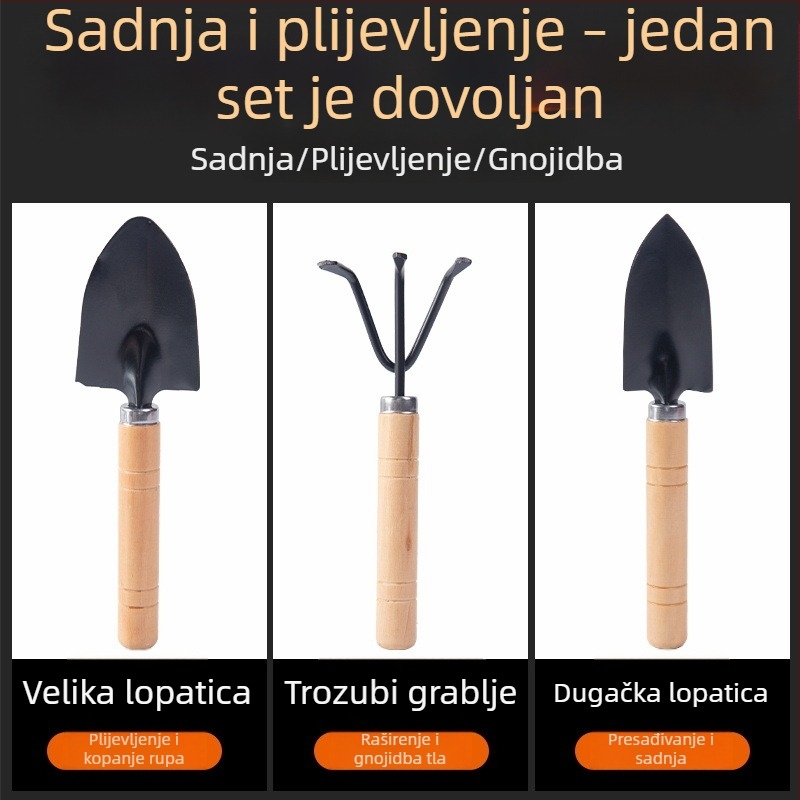 Trodijelni set alata za kućnu vrtlarstvo: mala lopata, željezna lopata i željezna špachtla za posude, zelene biljke i sukulente