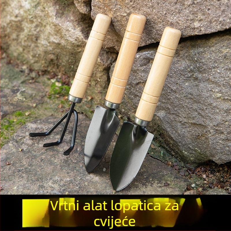 Trodijelni set alata za kućnu vrtlarstvo: mala lopata, željezna lopata i željezna špachtla za posude, zelene biljke i sukulente