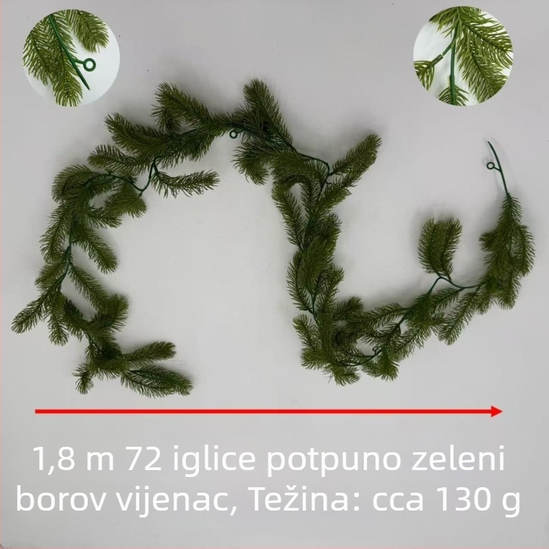 Umjetna ratan biljka s borovim iglicama za božićnu dekoraciju – vijenac za stubište, kamin i prozor, duljina 1,8 m