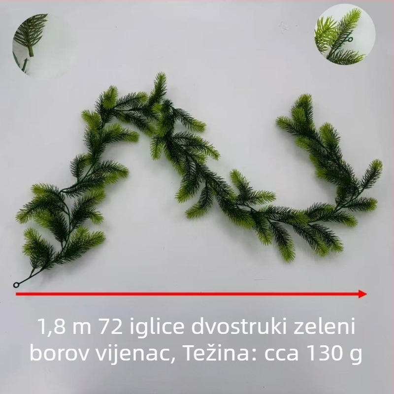 Umjetna ratan biljka s borovim iglicama za božićnu dekoraciju – vijenac za stubište, kamin i prozor, duljina 1,8 m