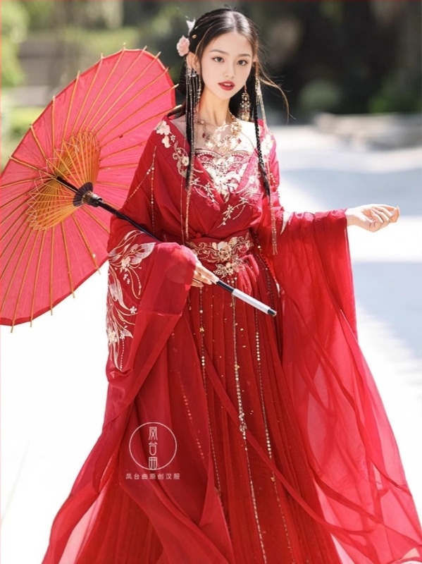 Hanfu s Jin dinastijom izvezom, serija Dvanaest božica cvijeća, dugi šlep i široki rukavi, ženski šifon