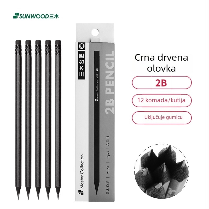 Three Wood HB šesterokutna drvena olovka MC60 za osnovnu školu - bez olova, netoksična, 2B