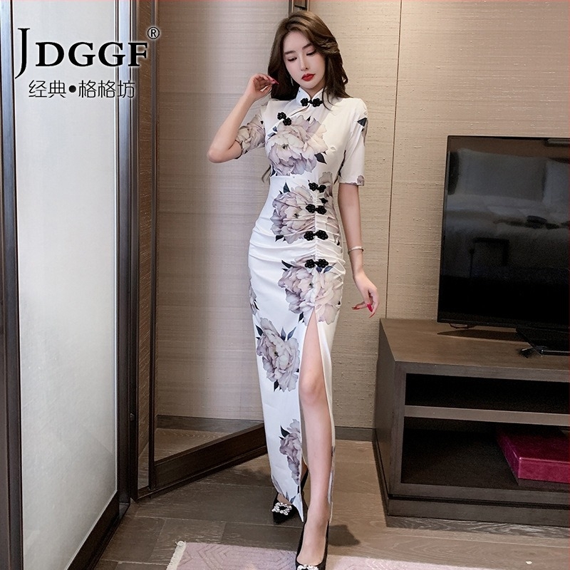 5303 Elegantna uska haljina tipa qipao s bočnim prorezom, dugačka