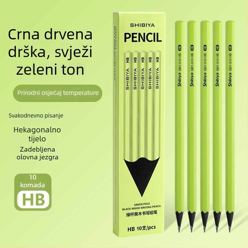 Shibia HB drveni grafitni olovka s zelenim tijelom, šesterokutna za pisanje i crtanje, za učenike osnovne škole, ispite (drugi razred)