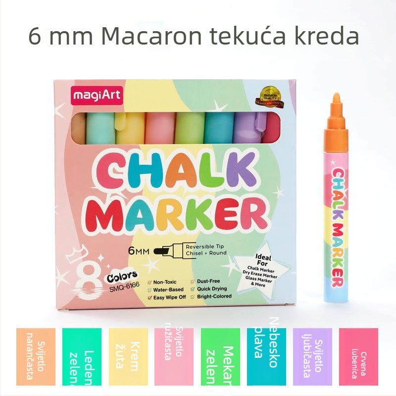 6 mm Macaron tekući kredni marker za plakate i grafite, brisivi marker za ploču, vodotopiv, bez prašine, marker za staklo automobila