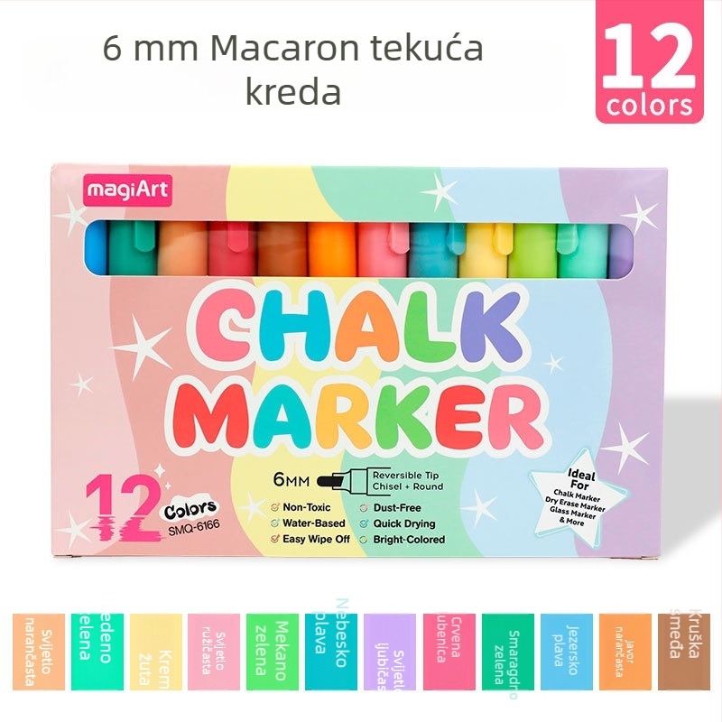 6 mm Macaron tekući kredni marker za plakate i grafite, brisivi marker za ploču, vodotopiv, bez prašine, marker za staklo automobila