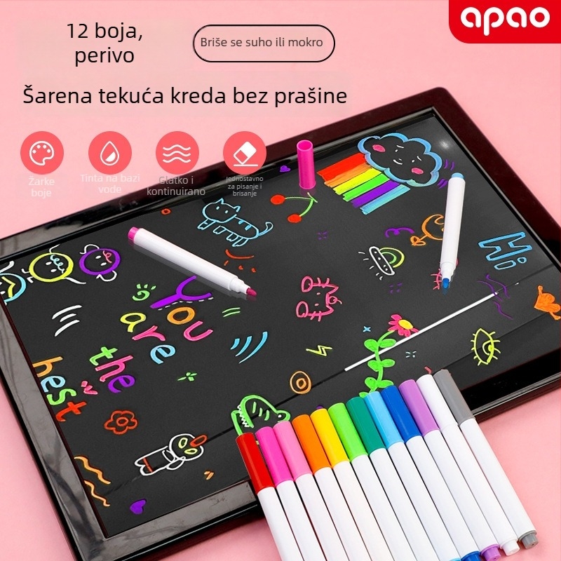 12-bojni brisivi marker za akrilne i staklene ploče, bez prašine, vodotopna tekuća krede za dječje grafite na ploči