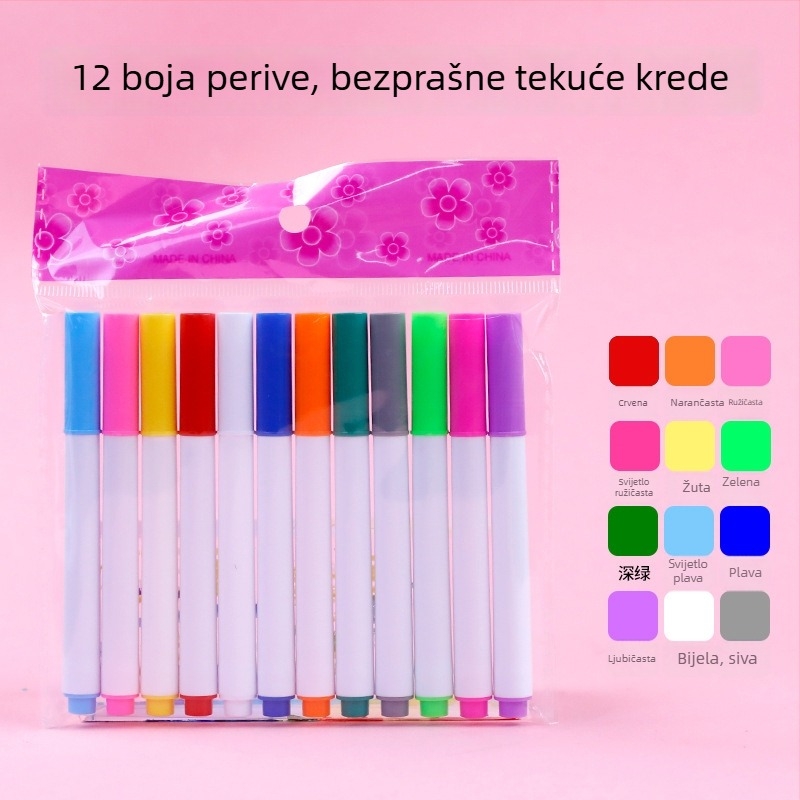 12-bojni brisivi marker za akrilne i staklene ploče, bez prašine, vodotopna tekuća krede za dječje grafite na ploči