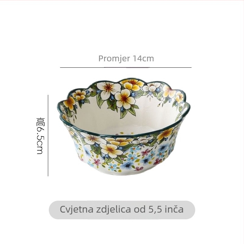Qimenghua porculanski set posuđa s mat završnim završetkom, zdjele, tanjuri i ploče, velika kapacitet za rižu, rezance i juhu, motiv biljaka i cvijeća, pastelni stil, okrugli oblik, mikrovalna pogodna