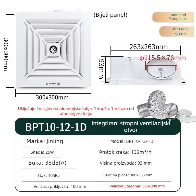 Golden Ling ugrađeni stropni ventilator za kuhinju i kupaonicu, ultra tanak, 300x300 mm, model BPT10-12-1D, ABS kućište, mehaničko upravljanje
