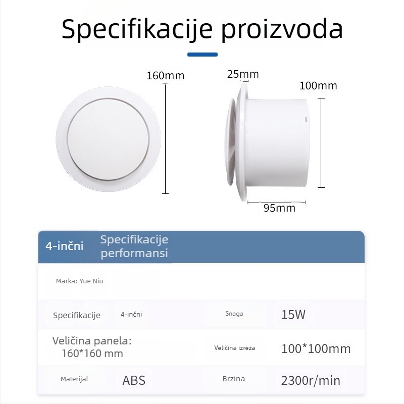 Tiši kupaonski ventilator, prozorski tip, izlaz u obliku gljive, zidni, vodootporan