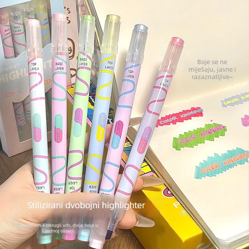 Dvostranični fluorescentski marker s dvostrukim bojom za označavanje bilježnica u razredu i crtanje, 6 kom. paket, model 858, plastično kućište, neizbrisiv, ispis logotipa moguć