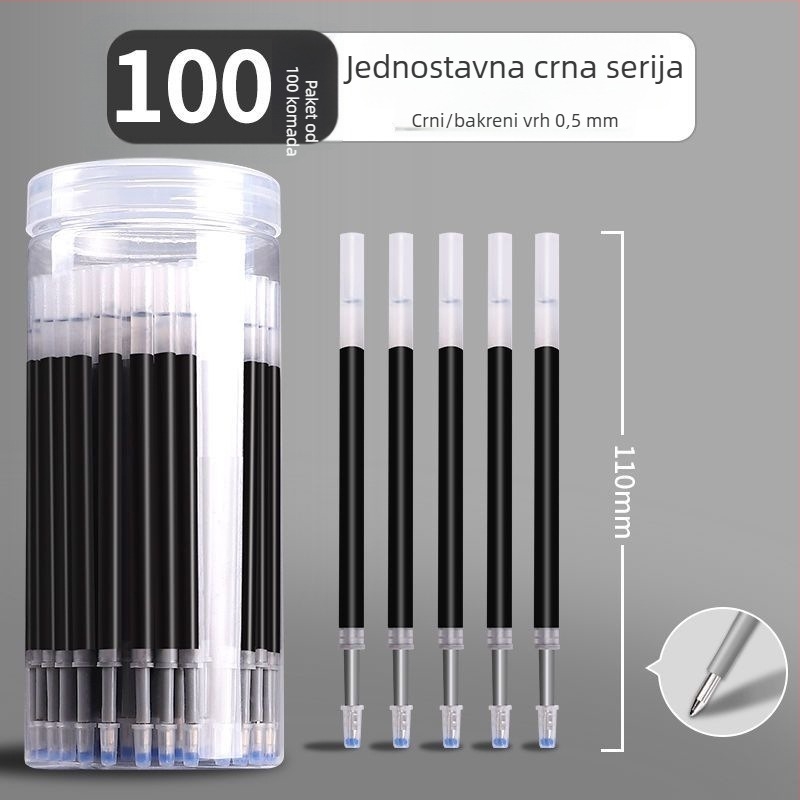 100 komada punjenja za olovku s pritisknim mehanizmom, 0,5 mm crna kuglična vrh, velika kapaciteta