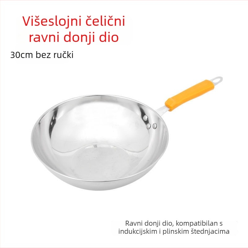Wok od nehrđajućeg čelika bez premaza, bezdymni, za kućnu upotrebu – kompatibilan s indukcijskim i plinskim pločama
