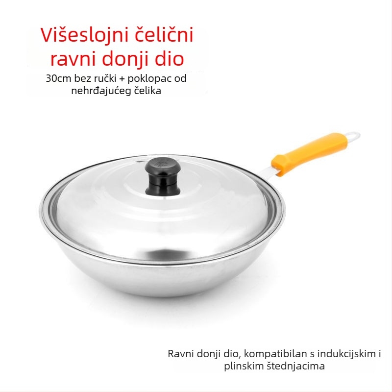 Wok od nehrđajućeg čelika bez premaza, bezdymni, za kućnu upotrebu – kompatibilan s indukcijskim i plinskim pločama