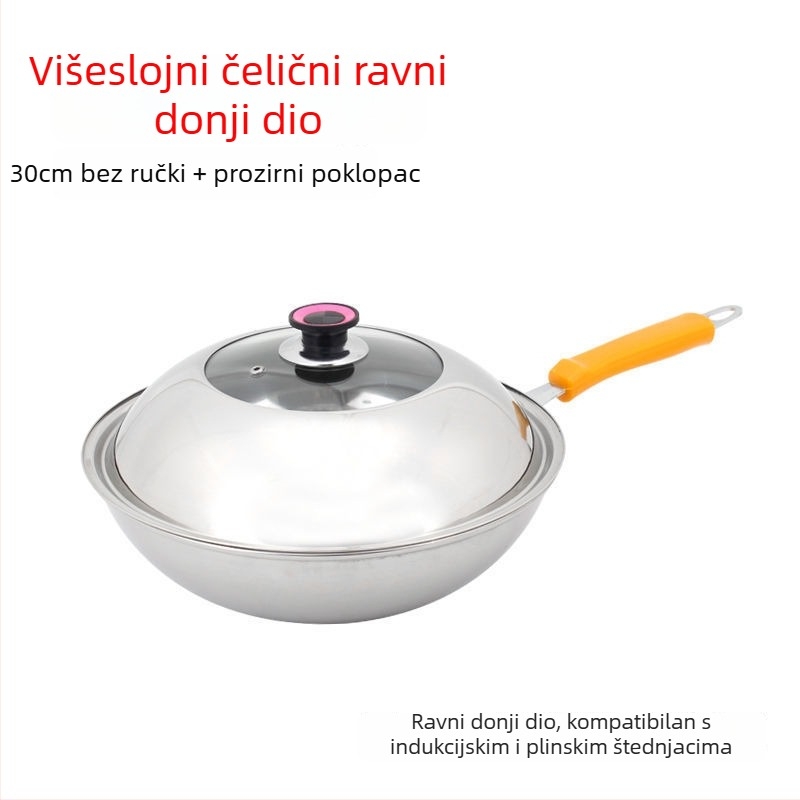 Wok od nehrđajućeg čelika bez premaza, bezdymni, za kućnu upotrebu – kompatibilan s indukcijskim i plinskim pločama