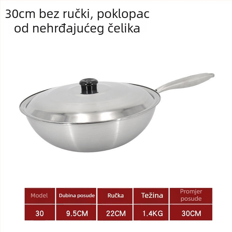 Wok od nehrđajućeg čelika bez premaza, bezdymni, za kućnu upotrebu – kompatibilan s indukcijskim i plinskim pločama