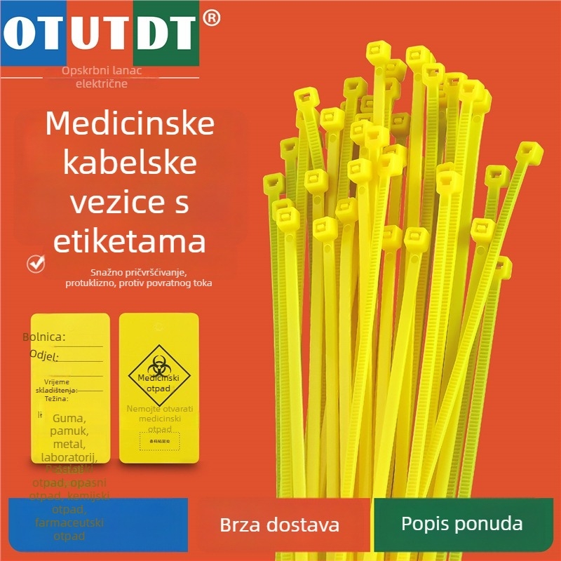 Samozaključavajući najlonski kaiš za zatvaranje medicinskog otpada sa žutom naljepnicom