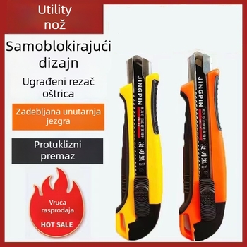 Veliki višenamjenski nož s crnim oštricom za otvaranje paketa, rezanje papira i tapeta, izrađen od debelog visokougljičnog čelika, višestruka namjena