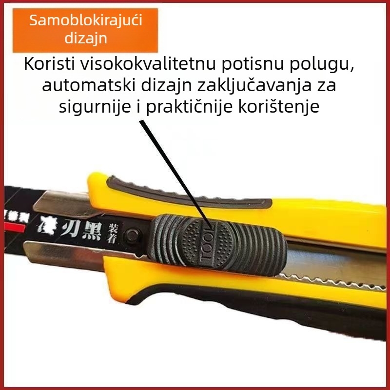 Veliki višenamjenski nož s crnim oštricom za otvaranje paketa, rezanje papira i tapeta, izrađen od debelog visokougljičnog čelika, višestruka namjena